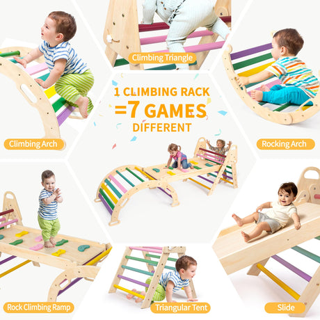 RMOKA Indoor Climbing Toys for Toddlers 1-3, 7in1 Extra Large Pikler Triangle Set, Foldable Wooden Montessori Climbing Set with Arch, Ramp & Ladder Baby Indoor Playground Jungle Gyms for Toddlers RMOKA