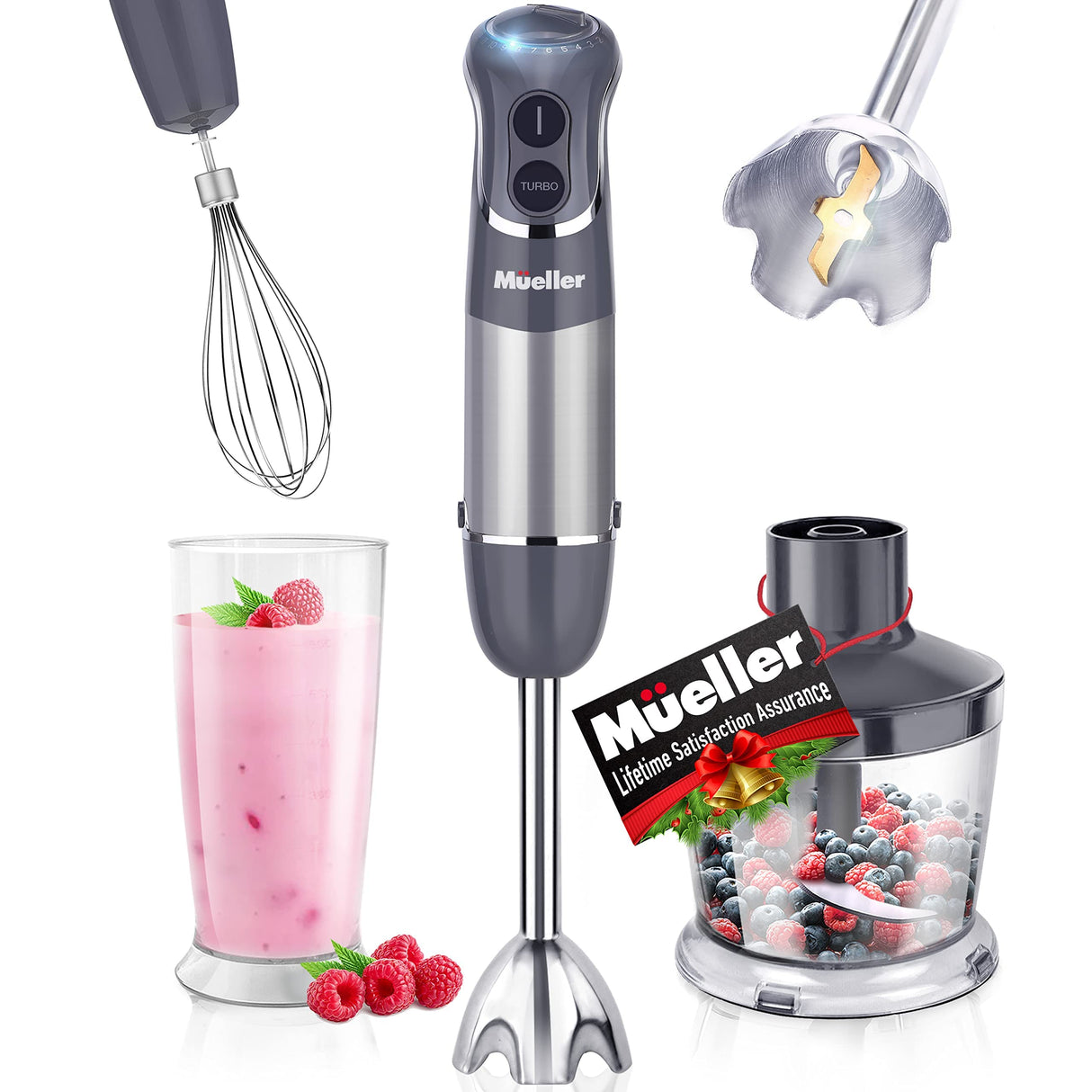 Mueller Multistick 800W 4-in-1 Immersion Blender Handheld, 12 Speed Hand Mixer - Turbo Boost, Heaviest Duty Copper Motor, Titanium Blades Hand Blender, Milk Frother Wand, Whisk, Beaker, Chopper, Grey Mueller