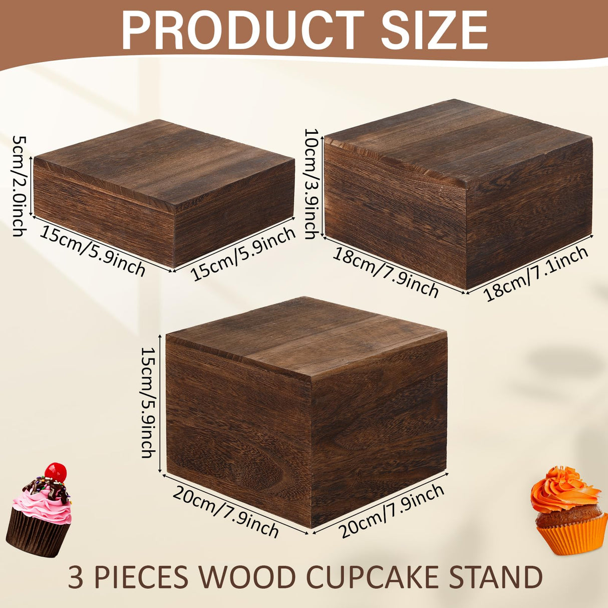 Barydat 3 Pcs Wooden Risers Stands Cake Rustic Stackable Square Cupcake Stands Base for Buffet Table Dessert Food Birthday Wedding Party Barydat