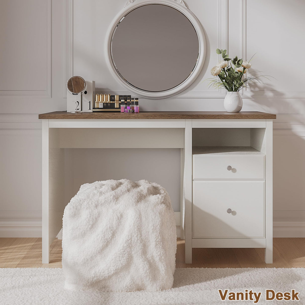 ChooChoo 47" Farmhouse Desk with Drawers, Wood Home Office Computer Desk with Charging Station, 2 Storage Drawers and Open Shelf, Writing Study Table Vanity Desk for Bedroom ChooChoo