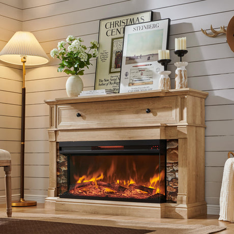 OKD 52" Electric Fireplace with Mantel, Freestanding Fireplace Heater TV Stand with 36" 3-Side Glass Insert for TVs Up to 65" with Storage Cabinet for Living Room, Natural Oak OKD
