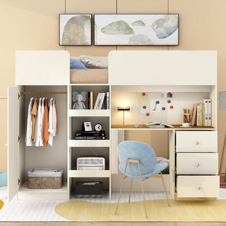 Wood Full Size Loft Bed with Built-in Wardrobe, Desk, Storage Shelves and Drawers,for Kids Teens Adults Bedroom Brabrety