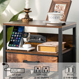 LELELINKY Record Player Stand with Fabric Drawer, 3 Tier AV Media Stands with Charging Station and USB Ports,Turntable Rack with Storage Up to 100 Vinyl Albums, Brown DVD Video Game Console Shelf LELELINKY