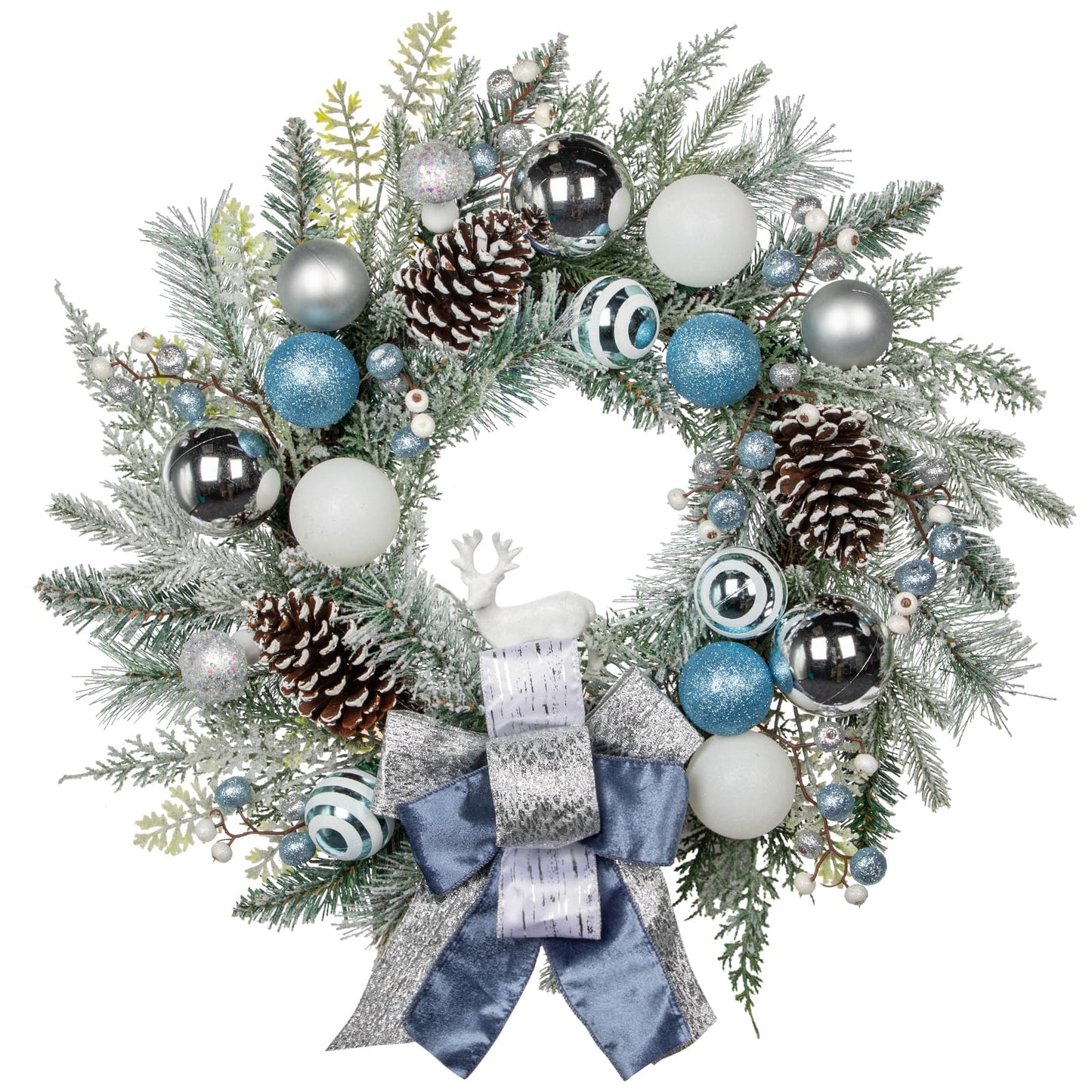 24" Christmas Wreath for Front Door Artificial Unlit Winter Wreath with Pine Cones, Berry Clusters, Blue Ball Ornaments and Ribbon for Thanksgiving Holiday Christmas Decoration