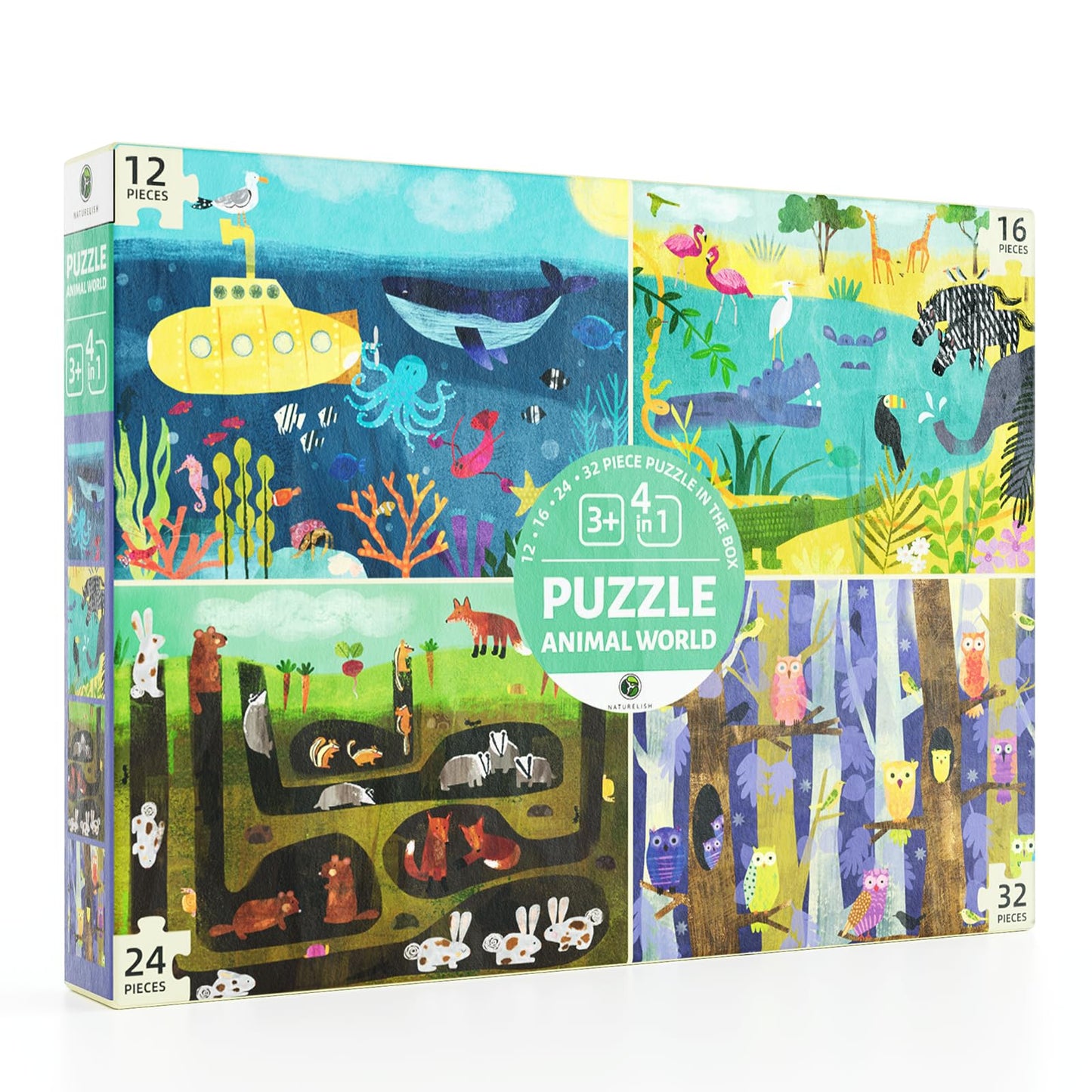 Naturelish Puzzles for Kids Ages 3-5, Set of 4 Pack Puzzles with 12 16 24 32 PCS Range in Difficulty, Animals World Jigsaw Puzzle for Age 4-6, 4 in 1 Progressive Puzzles for Toddler Boys Girls