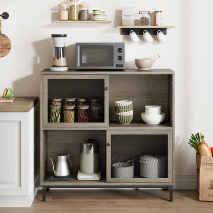 Farmhouse Grey Coffee Bar Cabinet with Sliding Doors & Ample Storage - WoodArtSupply