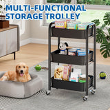 MWQ Heavy Duty Rolling Cart, Mesh Utility Storage Cart with Lockable Wheels for Kitchen, Bathroom, Office, 3-Tier Metal, Black MWQ