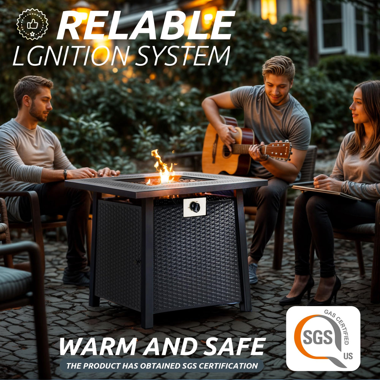 NIGOME Propane Fire Pit Table,Out Door Fire Pits & Fireplaces,Gas Fire Pit with Lid and Lava Rock.Square Black Fire Pit Table on Patio Deck & Garden Backyard. (Raven‌ Black, 28-inch) Nigome