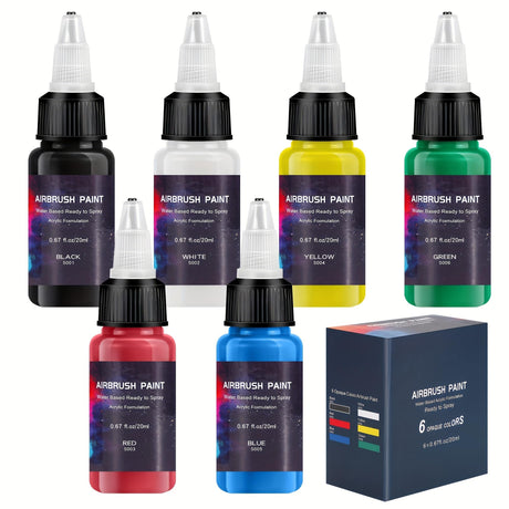 Airbrush Paint 6 Colors, Ready to Spray Airbrush Paint Set, Water-Based Acrylic Air Brush Paints for Metal, Plastic Models, Canvas, Wood, 0.67 Fl Oz/20ml EKOHERR