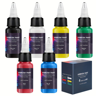 Airbrush Paint 6 Colors, Ready to Spray Airbrush Paint Set, Water-Based Acrylic Air Brush Paints for Metal, Plastic Models, Canvas, Wood, 0.67 Fl Oz/20ml
