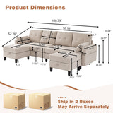 Enobala 101" Convertible Sectional Sofa, 4 Seat U Shaped Couch with Storage Ottoman and Side Pocket, Comfy Sectional Couch for Living Room, Apartment, Modern Linen Fabric Sofa Set, Beige Enobala