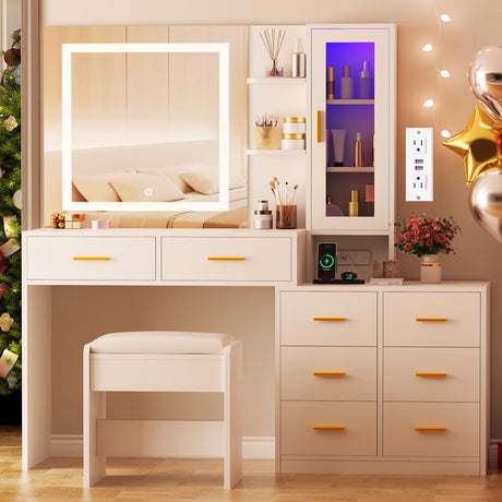ANWBROAD 51.8" Makeup Vanity Desk with Mirror and Lights White Vanity Table with RGB Cabinets 8 Drawers Power Outlet Large Dresser Dressing Table with Storage Shelves Stool for Bedroom Girls UBDT77W ANWBROAD
