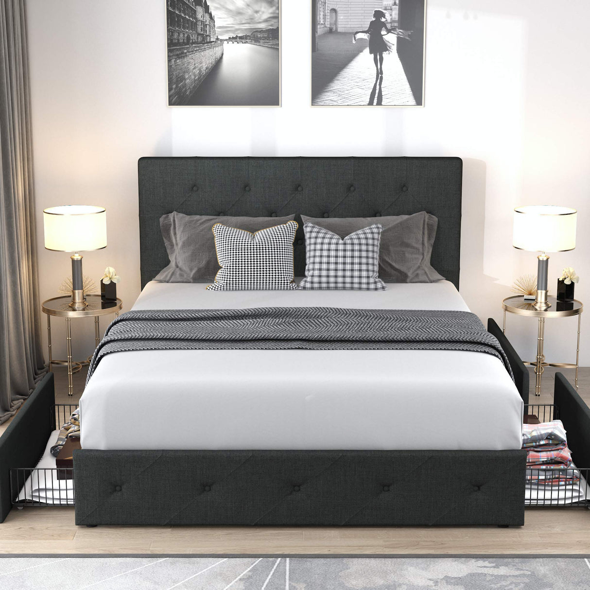 Allewie Dark Grey Upholstered Queen Size Platform Bed Frame with 4 Storage Drawers and Adjustable Headboard Allewie
