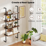 Tangkula 4-Tier Wall-Mounted Bookshelf, Industrial Floating Storage Display Shelves with Metal Frame, Wall-Mounted Ladder Wooden Bookcase for Living Room, Kitchen, Bar, Office (1, Brown) Tangkula