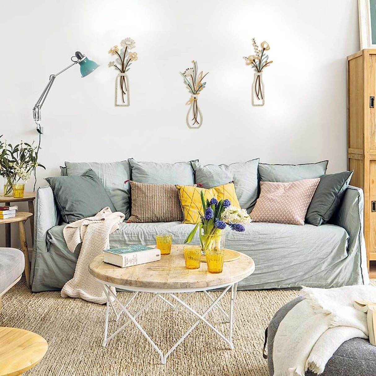 Pigort 3 Pieces Metal Flowers Wall Arts - Rustic Farmhouse Decor Black Minimalist Flower Wall Decors for Living room Bathroom Bedroom Dining Room - Housewarming Gifts(Black, Vase-C) Pigort