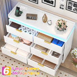 6 Drawer Dresser for Bedroom, White Dresser with LED Lights and Power Outlet, Modern Chest of Drawers for Closet, Double Wide Drawer Organizer Cabinet for Bedroom, Living Room, Entryway, Hallway knoworld