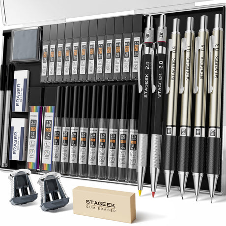STAGEEK 37PCS Art Mechanical Pencil Set, Drafting Pencil 5 Sizes- 0.3, 0.5, 0.7, 0.9MM & 2PCS 2.0MM Mechanical Drawing Pencils with 492PCS Leads (6B 4B 2B HB 2H 4H Color) for Artist Sketching Drawing STAGEEK