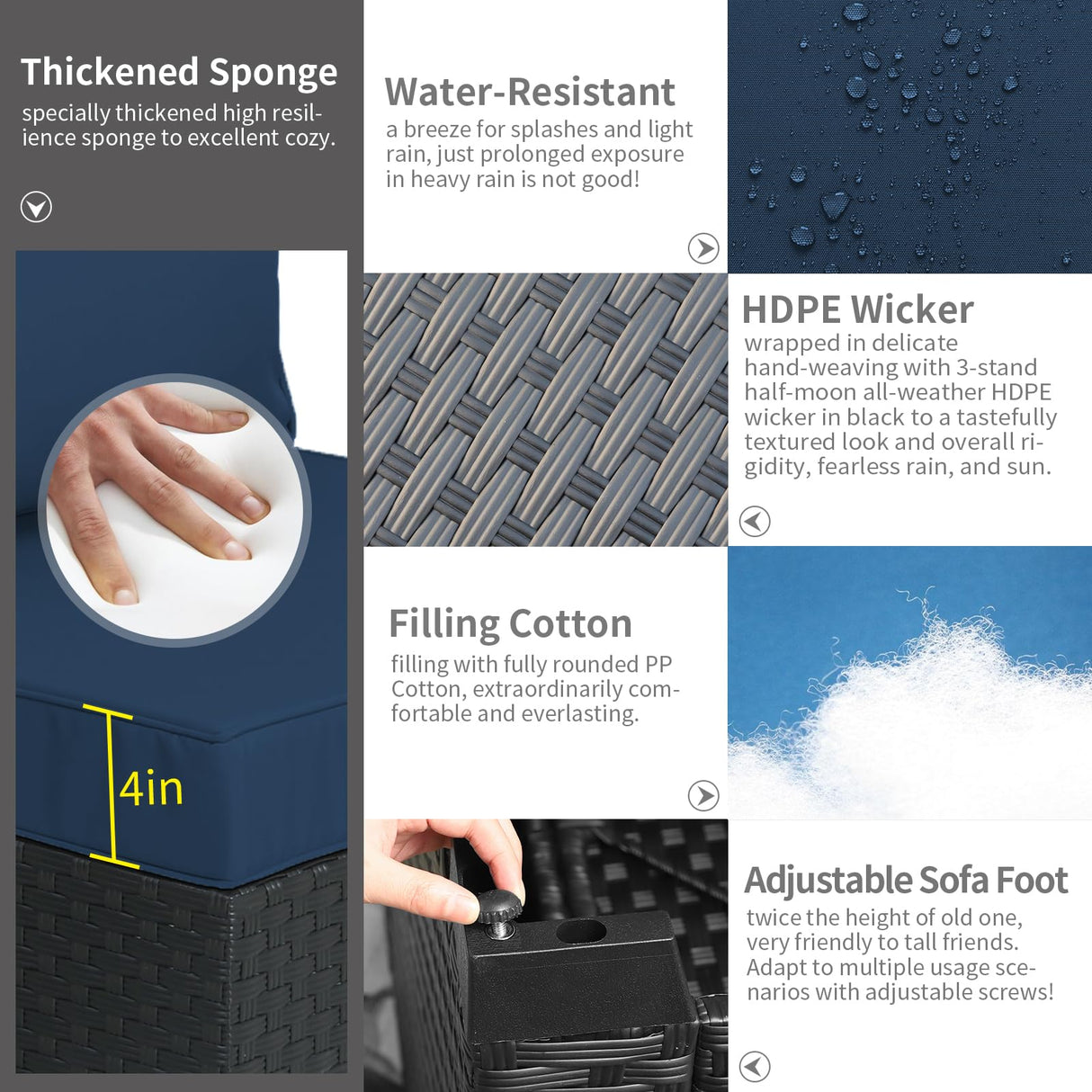 Rattaner 9 Pieces Outdoor Sectional All-Weather Wicker Patio Furniture Set Patio Sectional and Glass Patio Table Non-Slip Cushions and Waterproof Covers, Navy Blue Rattaner