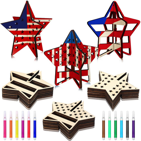 Honoson 24 Pcs Wood Star Patriotic DIY Crafts Labor and Memorial Day Cutouts 3D Star 12 Colored Pens Color Your Own 4th of July Table Centerpiece Tiered Tray Decor for Independence Day Party Favors Honoson