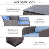 Outsunny 5 Pieces Rattan Wicker Lounge Chair Outdoor Patio Conversation Set with 2 Cushioned Chairs, 2 Ottomans and Tempered Glass Top Coffee Table, Blue Outsunny