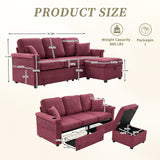 L-Shaped Sectional Sofa with Storage & Movable Ottoman, Corduroy 3 Seater Sectional Couch with USB Charging, Cup Holder & LED Light, Convertible Couches for Living Room (Wine Red, 76.38) Firscook