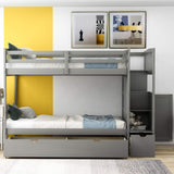 Ibraccieni Twin Bunk Bed - Twin Over Full Bed with Storage Stairway & Shelves, Drawers and Cabinet Door, Wooden Convertible Bottom Bed for Bedroom Dormitory Apartment or Guest Room, Grey Ibraccieni