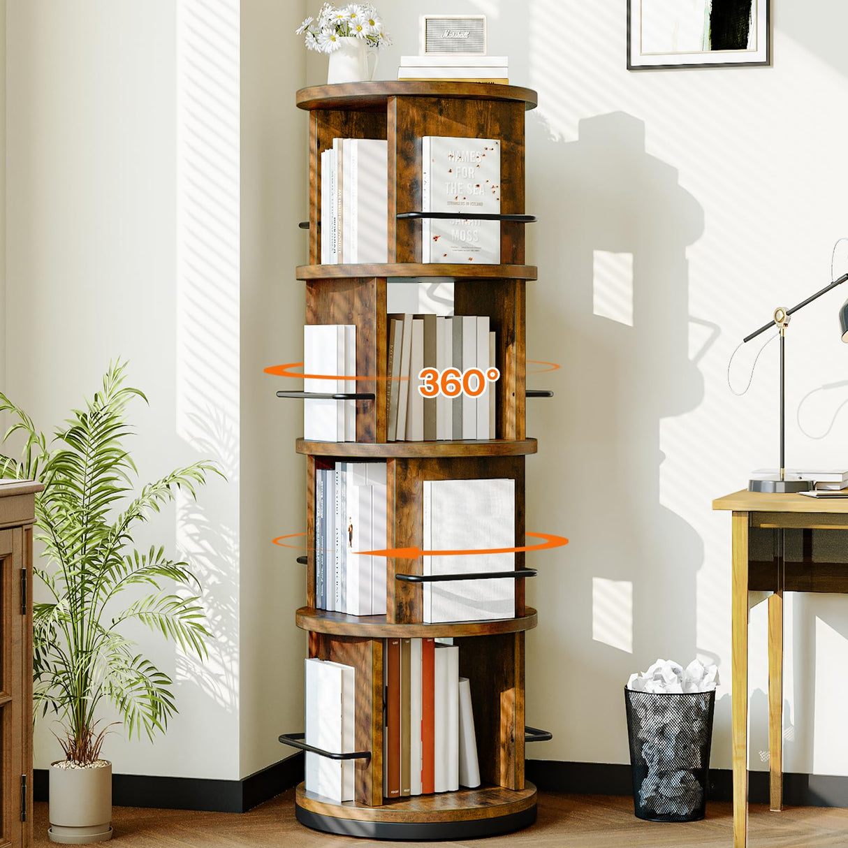 HOOBRO Rotating Bookshelf, 360° Spinning Bookshelf for Small Spaces, 4-Tier Floor Standing Bookcase Storage Rack, Wooden Corner Bookcase for Living Room, Study, Office, Rustic Brown and Black FG54SJ01 HOOBRO