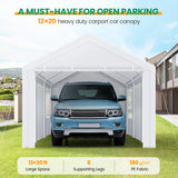 COBIZI Carport Canopy 12x20 Heavy Duty Portable Garage with Removable Sidewalls & Doors, Galvanized Frame Car Port Canopy Tent with Built-in Sandbags & All-Season Tarp for Car Boat Truck, White COBIZI