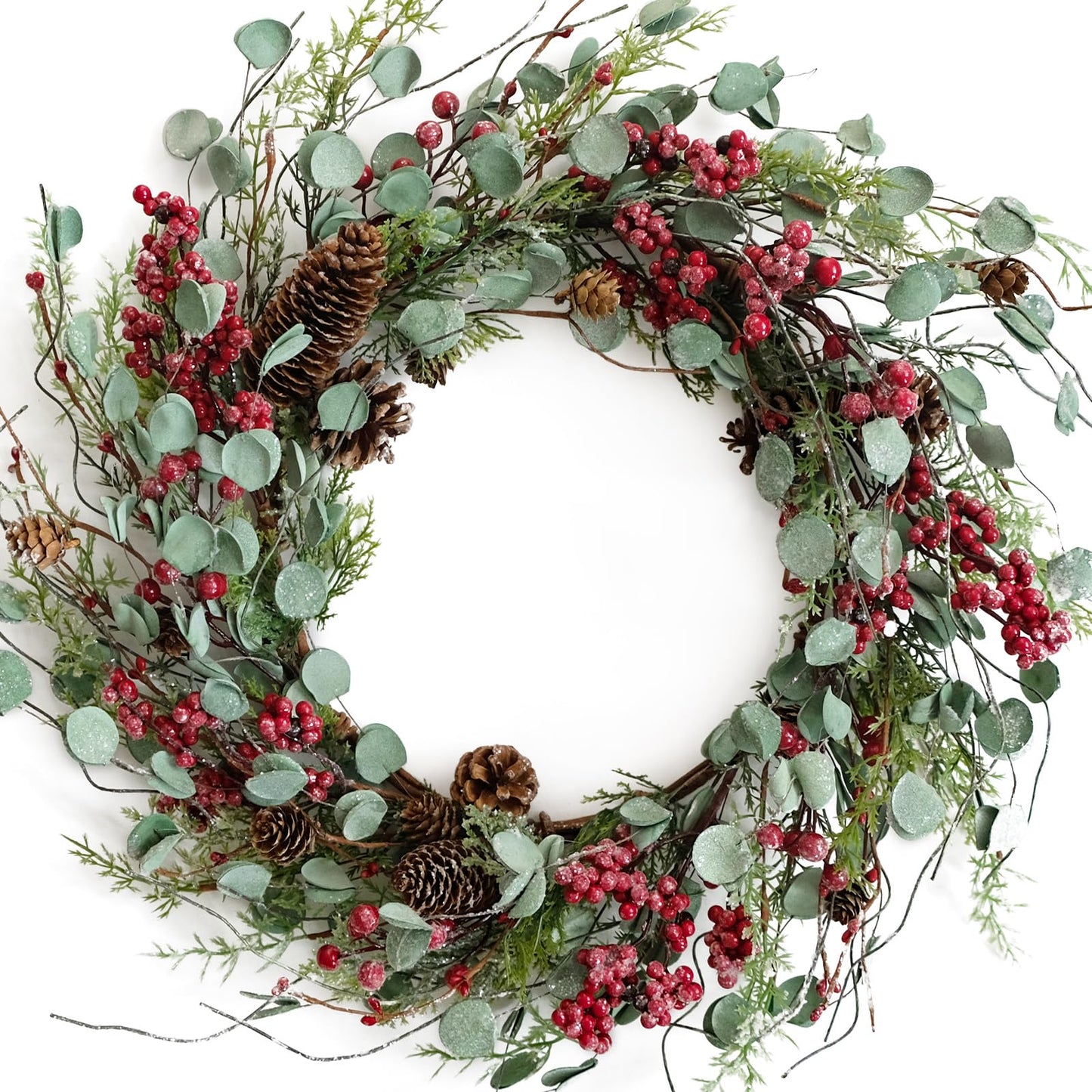 Bibelot 20 inches Red Berry with Pine Cones Wreath Christmas Wreath for Front Door Wreath Artificial Green Leaves Festival Decor Wreath Farmhouse Rustic Winter Home Wall Windows Decor (Red) …