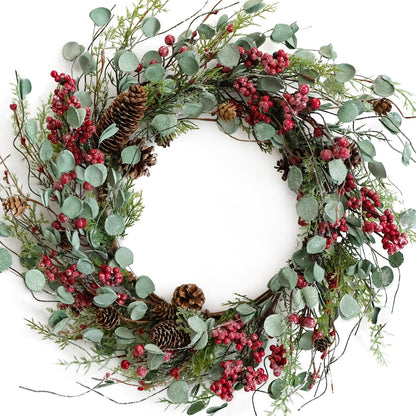 Bibelot 20 inches Red Berry with Pine Cones Wreath Christmas Wreath for Front Door Wreath Artificial Green Leaves Festival Decor Wreath Farmhouse Rustic Winter Home Wall Windows Decor (Red) …