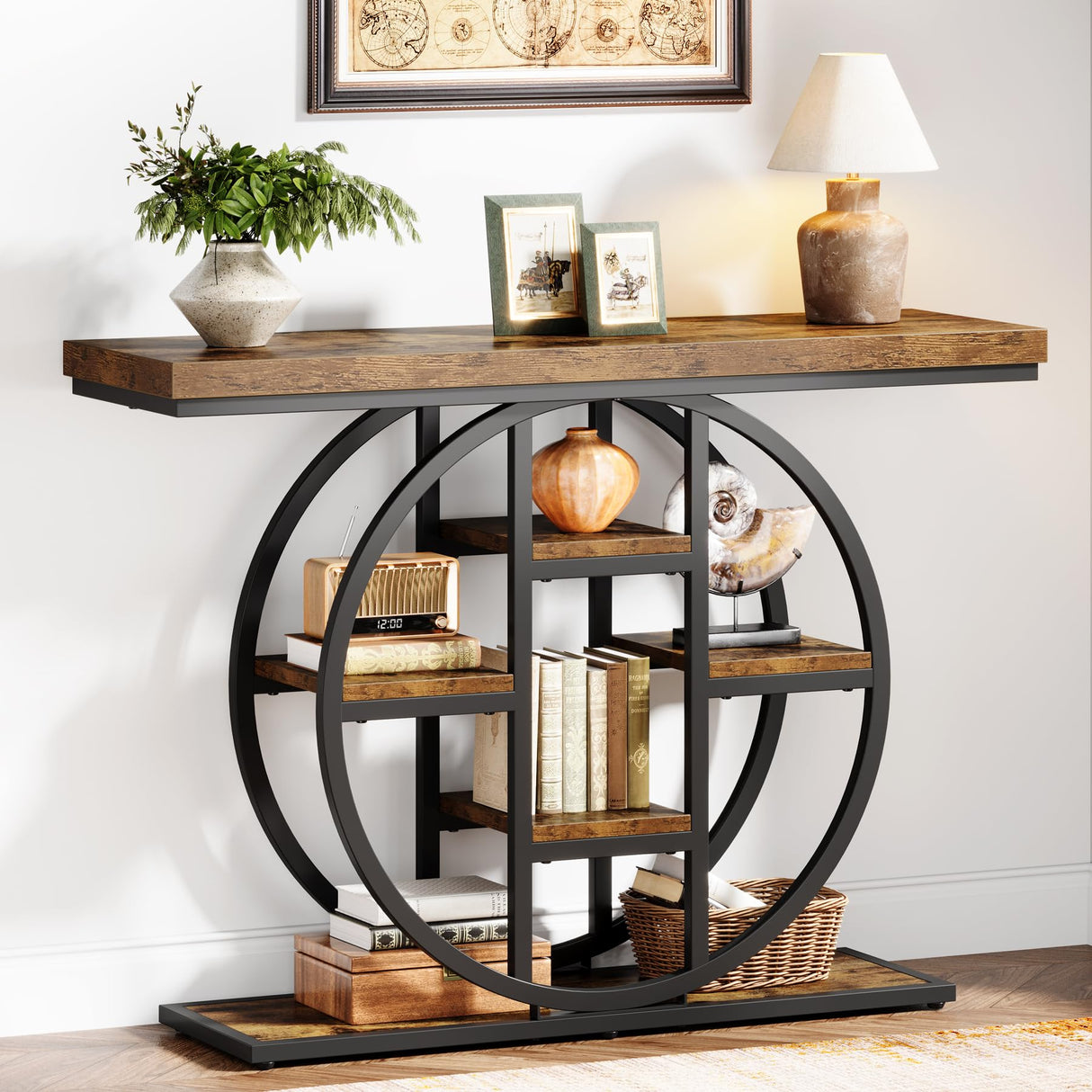Celaform 41" Console Table, 4-Tier Entryway Table with Circle Base, Industrial Narrow Wood Sofa Accent Tables with Storage Shelves for Living Room, Hallway, Foyer, Rustic Brown Celaform
