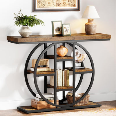 Celaform 41" Console Table, 4-Tier Entryway Table with Circle Base, Industrial Narrow Wood Sofa Accent Tables with Storage Shelves for Living Room, Hallway, Foyer, Rustic Brown