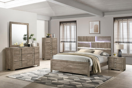 Kings Brand Furniture Dawson Modern 5-Piece Farmhouse Style Bedroom Set in Light Brown Finish - Bed Frame with LED Headboard, Dresser, Mirror, Chest and Nightstand (King Size) Kings Brand Furniture