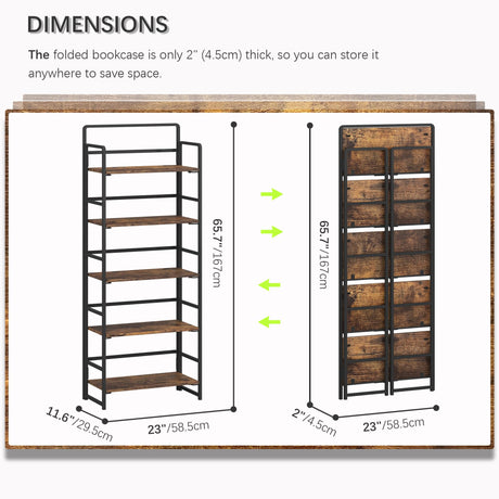 4NM No-Assembly 5 Tiers Folding Bookshelf Storage Shelves Vintage Bookcase Standing Racks Study Organizer Home Office (Rustic Brown) 4NM