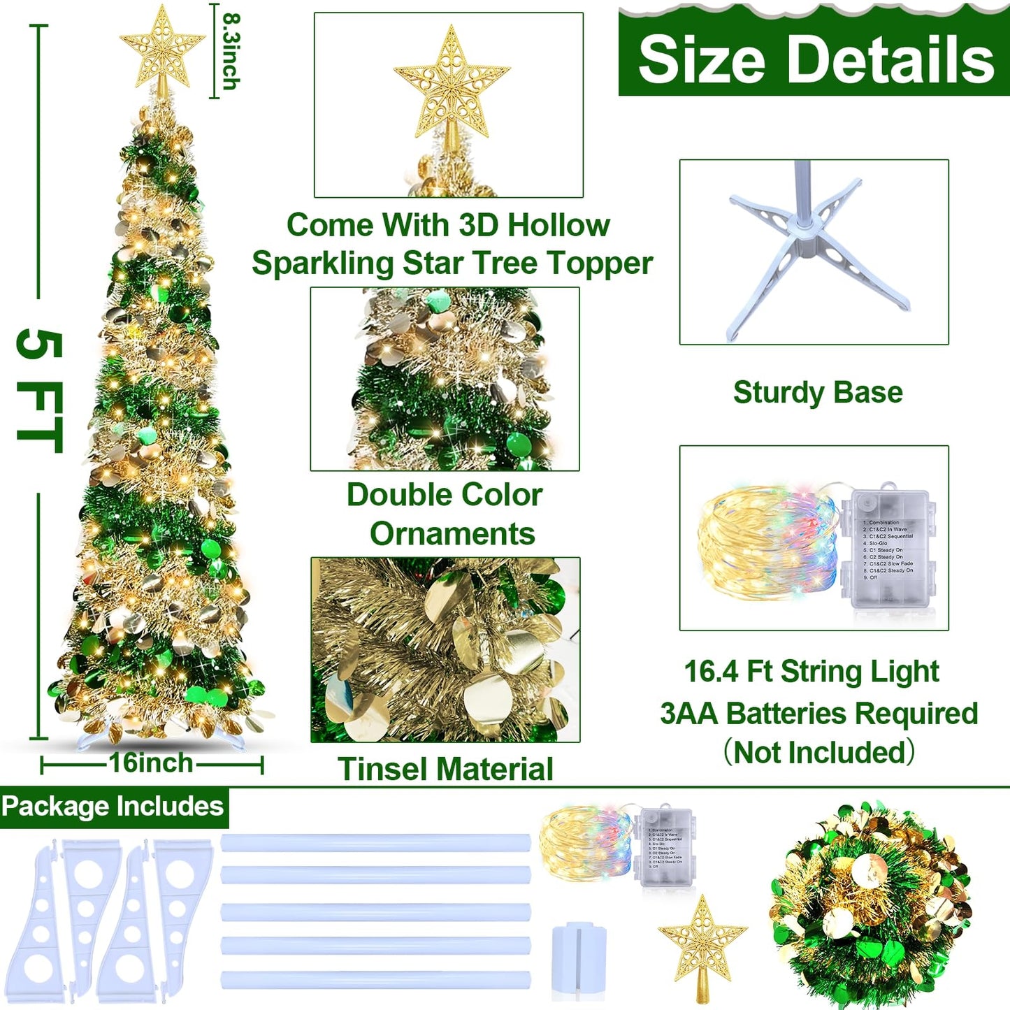 Dual Color Change & Timer - 5FT Pop Up Christmas Tree, Tinsel Christmas Tree 50 Warm White & Colored Lights 8 Mode 3D Star Sequins 1 Minute Collapsible Pencil Christmas Tree Home Indoor Party