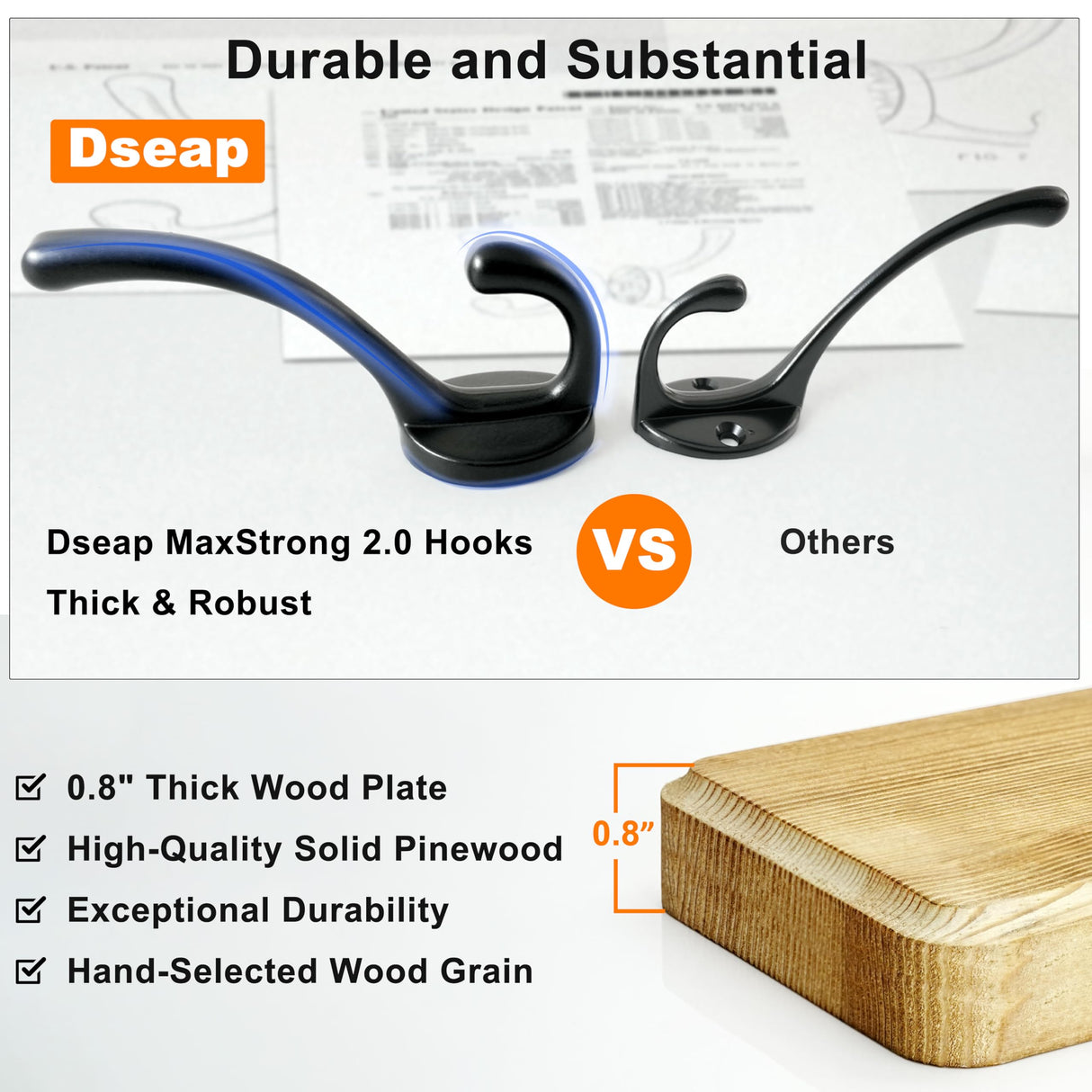 Dseap Coat Rack Wall: Patented, Heavy-Duty, 17.4" Long 5-Double-Hooks Wooden Wall Mounted Coat Rack Coat Hanger Hook Rail for Winter Coats Hat Jacket Clothing, Natural & Black Dseap