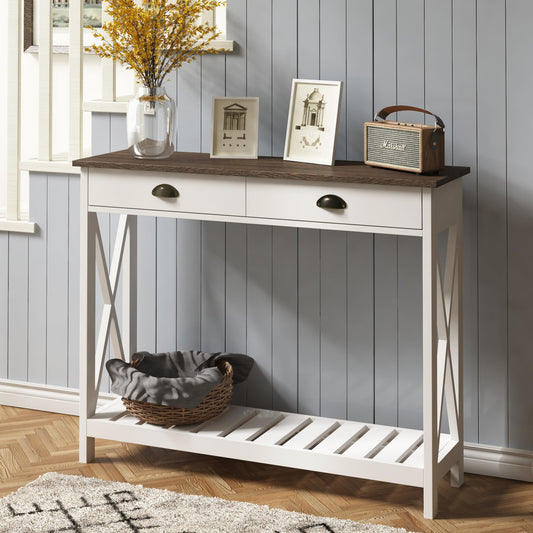 ChooChoo Farmhouse Console Table with Drawer for Entryway, Narrow Long Entry Table with Shelf for Living Room, Rustic Vintage Hallway Sofa Table with Stable X Supports, 40 White