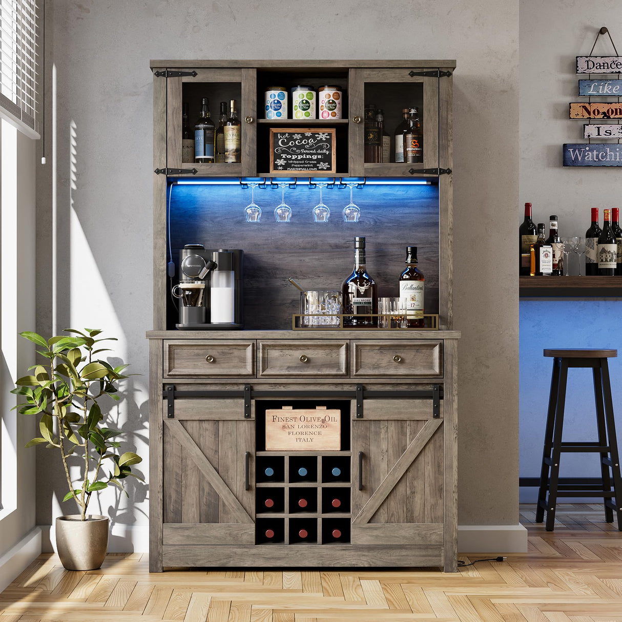 IDEALHOUSE 72" Modern Farmhouse Coffee Bar Cabinet with LED Lights & Power Outlets, Sliding Barn Doors, Rustic Gray Kitchen Buffet with Wine Storage, Ample Storage for Home Bar, Microwave IDEALHOUSE