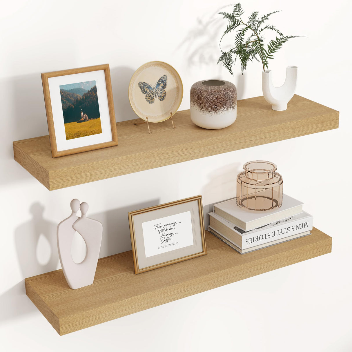 Floating Shelves for Wall, 24"W x 6.7"D x 1.4"H, 2 Pack of Long Wall Mounted Engineered Wood Shelves with Invisible Brackets for Living Room, Bedroom, Bathroom, Kitchen Decor and Storage, Oak Venusmiles