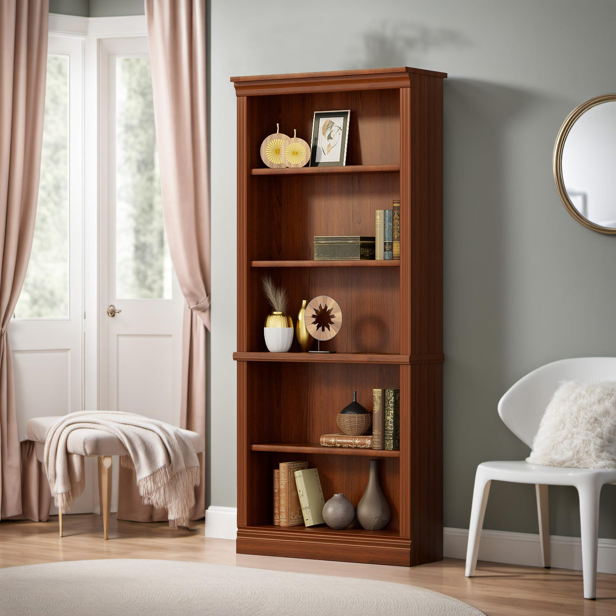 Furniwell 5-Shelf Tall Cherry Bookcase – Elegant Open Display Storage for Any Room Furniwell