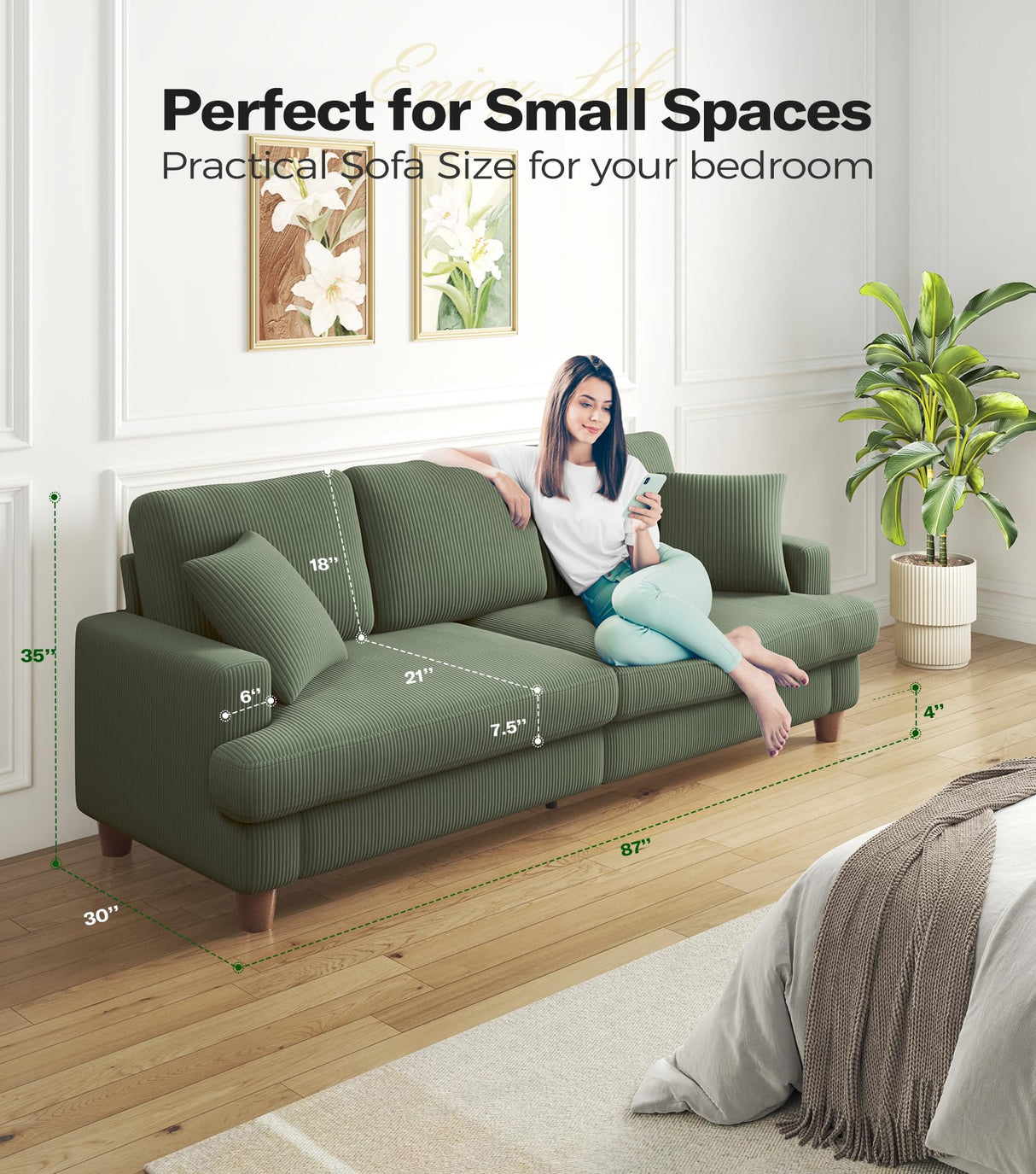 Kidirect 87in Green Sofa, Couches for Living Room 21in Extra Deep Seats, Comfy Corduroy Sofas for Living Room No Tool Assembly, Modern Oversized Love Seat with 2 Pillows, Sofa Couch for Bedroom Kidirect