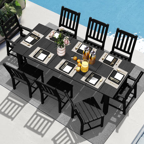 LOUNZY 9 Pieces Patio Dining Sets,Outdoor HDPE Furniture Set for 8 w/ 2" Hole Cut-Out Dining Table with 8 Patio Chairs(2 W/Armrest, 6 w/o Armrest),Black LOUNZY