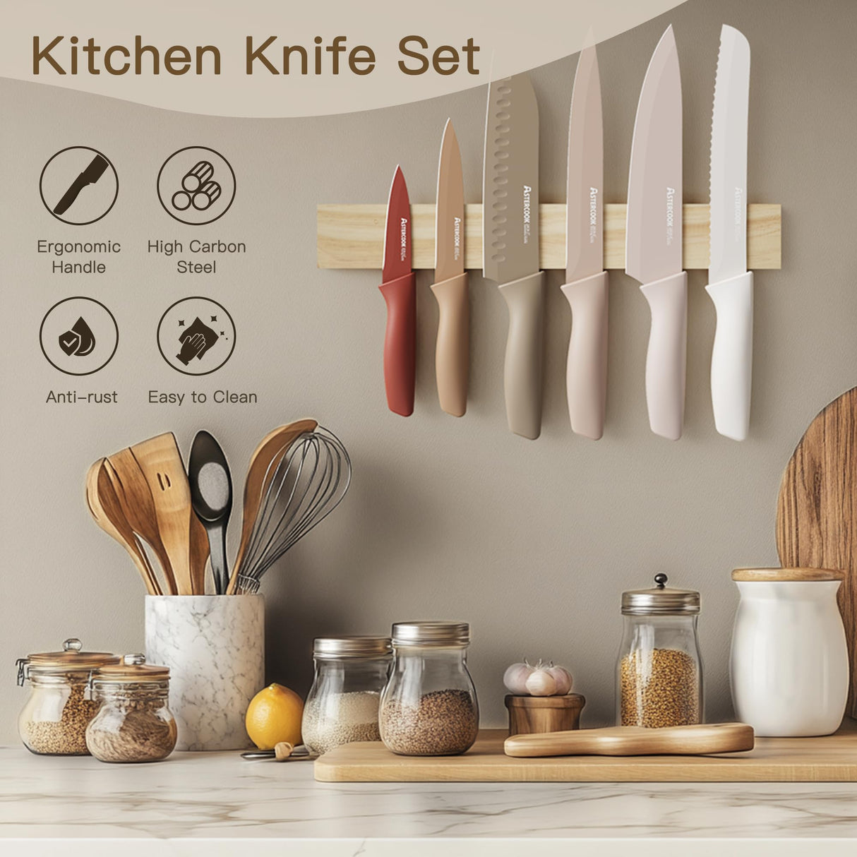 Astercook Knife Set, 13 Pieces Kitchen Knives Set with Healthy Anti-Rust Coating, Dishwasher Safe, Stainless Steel Chef Knife Sets with 6 Blade Guards, Perfect Holiday Gifts for Kitchen Astercook