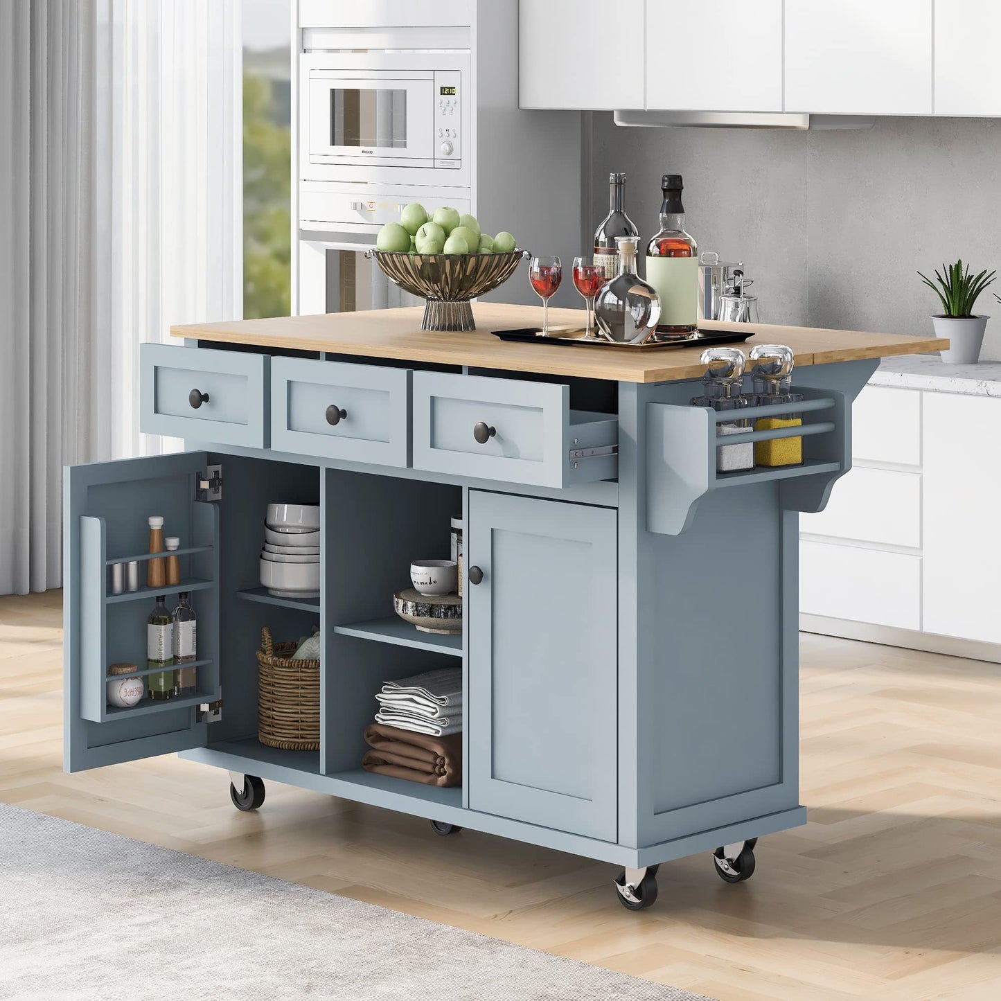 MEETFAV Rolling Kitchen Island Cart with Storage, Moveable Kitchen Island with Drop Leaf, Portable Kitchen Storage Islands & Carts with Drawers and Shelves for Dinning Room, Grey Blue - WoodArtSupply