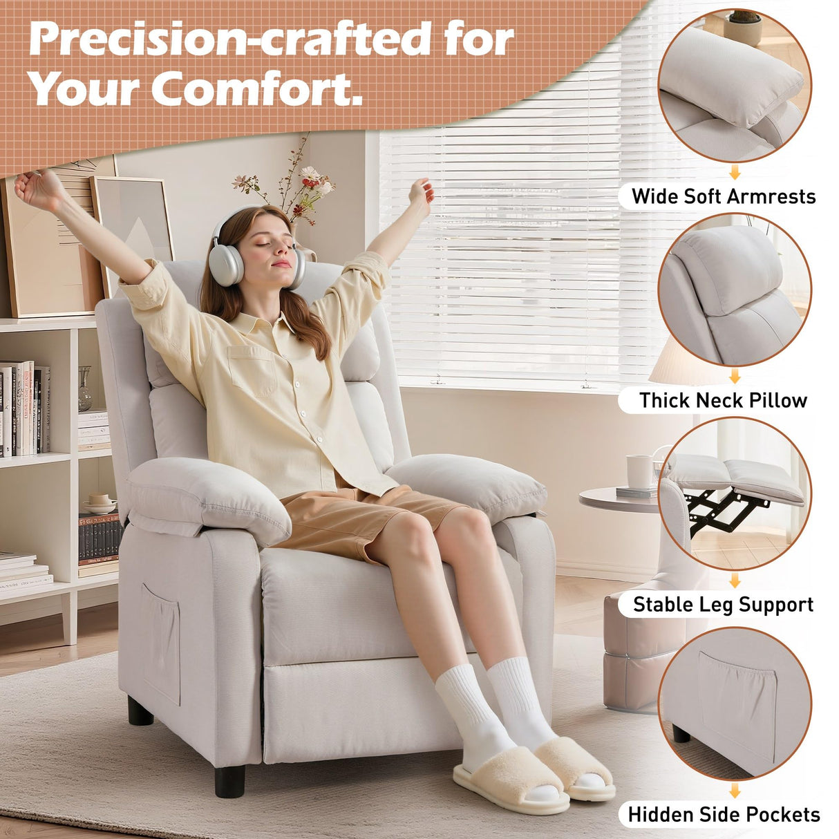 Korser Recliner Chair for Adults, Padded Deep Seat Reading Chair with Side Pockets, Small Recliners for Small Spaces, Adjustable Chair for Living Room, Bedroom, and RV (Linen) Korser