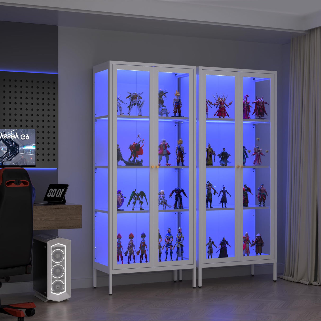 Polup Display Cabinet with 3 Color LED Lights and Tempered Glass, 66 Inch Tall Curio Cabinet with 3 Side Glass, White Display Case for Collectibles, Metal Cabinet for Living Room - Assemble Required Polup