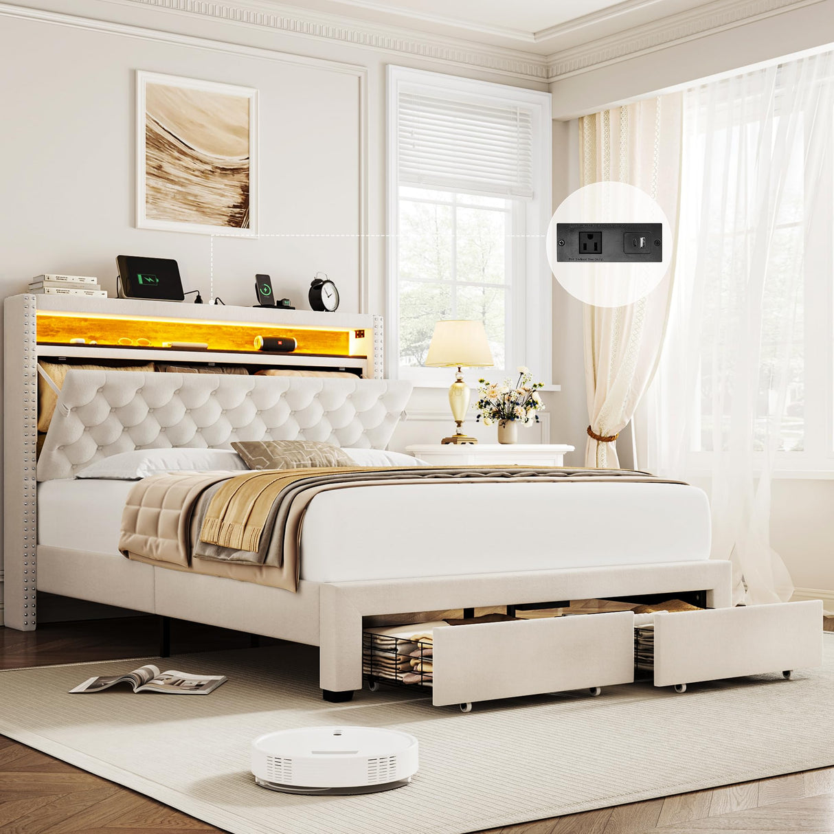 HIFIT Full Bed Frame with 2-Tier Storage Headboard & Hidden Storage, Velvet Upholstered Platform Bed Frame with 2 Drawers, Full Bed with Nailhead Headboard Built-in Charging Station & LED, Beige HIFIT