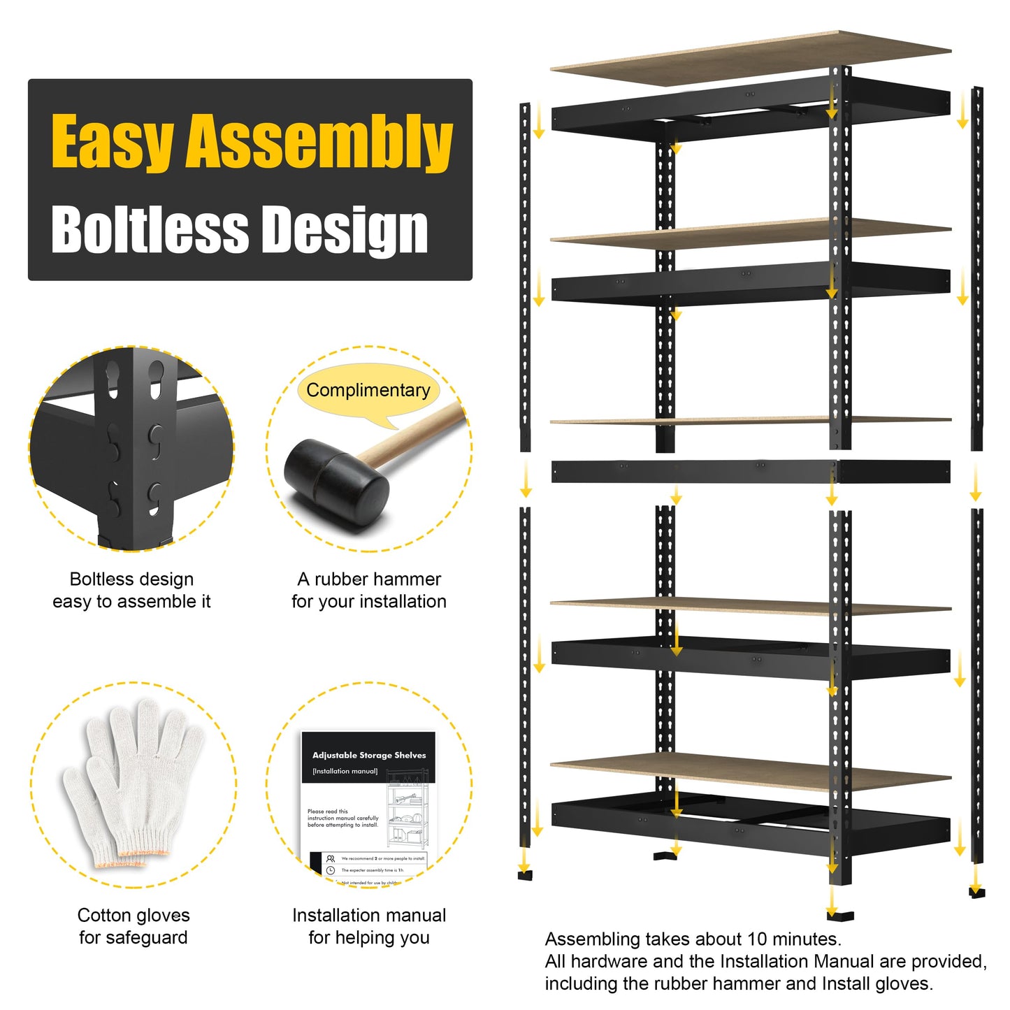 PrimeZone 48" x 24" x 72" Heavy Duty Storage Shelves - 5 Tier Adjustable Garage Storage Shelving, Metal Storage Utility Rack Shelf Unit for Warehouse Pantry Closet Kitchen, Black