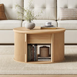 LINSY Lift Top Coffee Table, Round Fluted Coffee Table with Storage, Boho Wooden Coffee Tables with Sliding Tambour Door, 31.5" Center Table for Living Room, Office, Small Space, Natural Oak LINSY