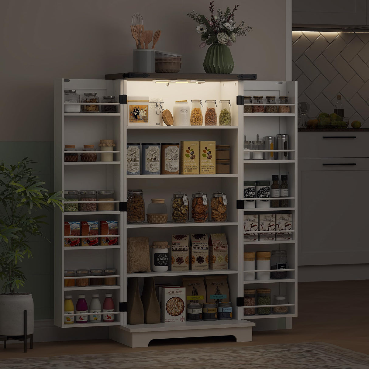 HOMCOM 47" LED Kitchen Pantry Cabinet, Farmhouse Storage Cabinet with 5 Deep Shelves and 12 Door Shelves, Freestanding Food Pantry with Barn Door, White HOMCOM